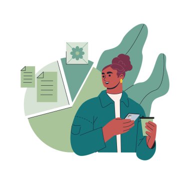 İş etkinliği. Akıllı telefonlu kadın girişimci müşterilerle iletişim kurar, görevi tamamlar ve belge gönderir. Finansal analiz. Çizgi film düz vektör çizimi beyaz arkaplanda izole edildi