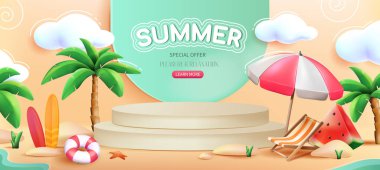 Podyumlu yaz pankartı. Promosyon geçmişi ve ürün sunumu için özel teklif. Plajlı posterler, palmiye ağaçları, karpuz, şemsiye ve güneş panzeli. Çizgi film 3 boyutlu vektör çizimi