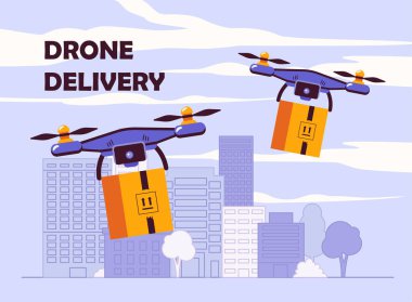 Şehre İHA teslimatı. Çevrimiçi alışveriş ve elektronik ticaret. Nakliye, lojistik, ev teslimatı. Modern teknolojiler ve yenilikler. Çizgi film düz vektör çizimi