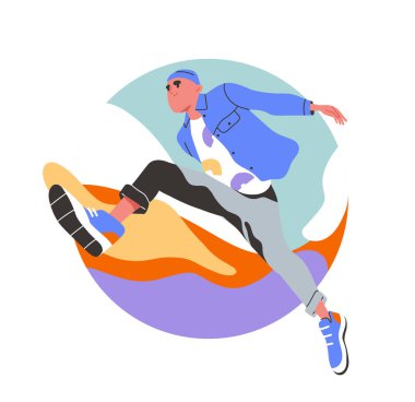 Enerjik ve mutlu bir genç. Sıradan elbiseli bir adam soyut noktaların yakınında zıplıyor. Aktif yaşam tarzı ve spor. Web sitesi için grafik ögesi. Çizgi film düz vektör çizimi beyaz arkaplanda izole edildi