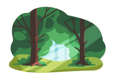 Orman manzarası konsepti. Yeşil çimenlikteki ağaçlar. Güzel bir manzara. Bahar ya da yaz günü. Çayır manzaralı bir yer. Sosyal medya kapağı. Çizgi film düz vektör çizimi beyaz arkaplanda izole edildi