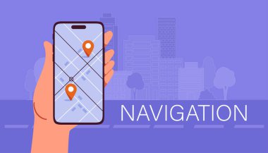 Navigasyon için mobil uygulama. Turistler ve turistler için başvuru formu. Yol haritalı, konumlandırmalı ve GPS 'li akıllı telefon. İniş web sayfası tasarımı. Çizgi film düz vektör çizimi