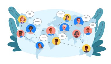 Uzaktan iletişim konsepti. Kullanıcılar dünya haritasında avatarlar. Sosyal ağlarda ve habercilerde uzaktan etkileşim. Sohbet ve diyalog. Çizgi film düz vektör çizimi beyaz arkaplanda izole edildi