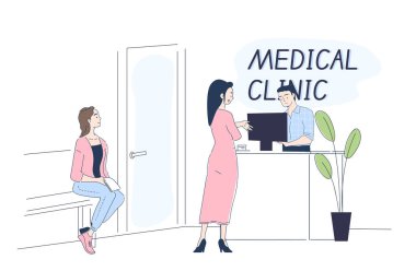 Klinik kabul konsepti. Tıp binasındakiler. Hastalar doktorları bekliyor. Sağlık ve ilaç, teşhis ve tedavi. Beyaz arkaplanda izole edilmiş doğrusal vektör çizimi