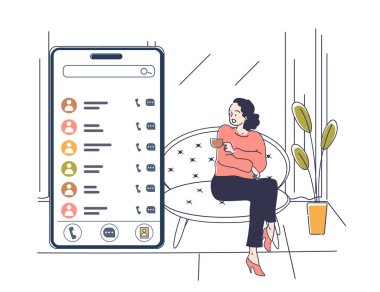 Telefon rehberi kavramı. Akıllı telefonlu, telefon numaraları olan bir kadın oturuyor. Mesajlaşma ve arkadaşlara çağrı için başvuru. Beyaz arkaplanda izole edilmiş doğrusal vektör çizimi