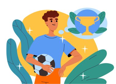 Futbol toplu bir adam. Genç adam spor aletleri ve kupa hayalleriyle ayakta duruyor. Yarışmada futbolcu kazandı. Aktif yaşam tarzı ve spor. Çizgi film düz vektör çizimi