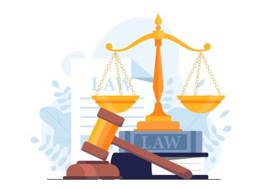 Hukuk ve adalet kavramı. Hakimler bir yığın kitap ve altın pulun yanında yer alır. Anlaşmaların ve anlaşmaların hukuki desteği, yetki alanı. Çizgi film düz vektör çizimi beyaz arkaplanda izole edildi
