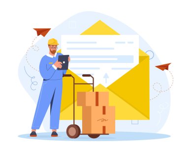 Adam paket yolluyor. Karton kutuları olan üniformalı genç bir adam. Uluslararası iş, malların taşınması. İthalat ve ihracat. Dağıtım ve lojistik. Çizgi film düz vektör çizimi