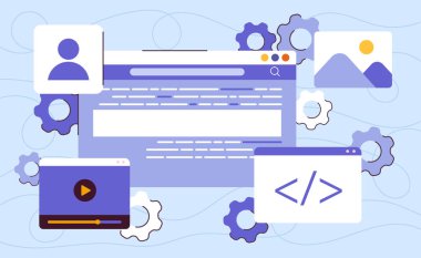 Yazılım geliştirme konsepti. Dijital uygulama ve web sitesi programlama, mühendislik ve kodlama. UI ve UX tasarım elementleri oluşturuluyor. Betik ve programlama dili. Çizgi film düz vektör çizimi