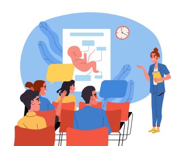 Bebek gelişimi üzerine çalışıyorum. Erkekler ve kadınlar doktorların ofisinde konferansta oturuyorlar. Embriyonun anatomisi ve biyolojisi. Annelik ve doğum. Çizgi film düz vektör çizimi beyaz arkaplanda izole edildi