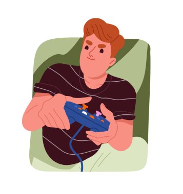 Adam stresle başa çıkar. Oyun sahası ya da joystick 'le oynayan adam. Farkındalık ve farkındalık. Akıl sağlığı hizmetleri. Oyun salonları ve video oyunları. Çizgi film düz vektör çizimi beyaz arkaplanda izole edildi