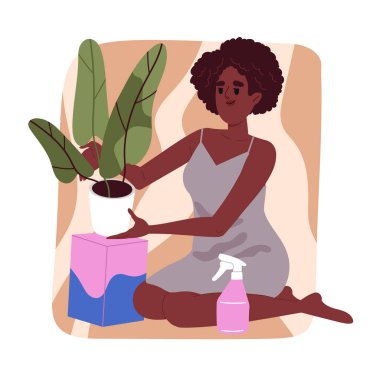 Kadınlar stresle başa çıkar. Çiçek saksısı ve bitkisi olan kız. Bahçıvanlık ve bahçıvanlık. Farkındalık ve farkındalık, akıl sağlığı. Çizgi film düz vektör çizimi beyaz arkaplanda izole edildi