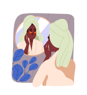 Kadınlar stresle başa çıkar. Yüz maskeli kız kremi. Günlük rutin ve prosedürler. Farkındalık ve farkındalık, akıl sağlığı. Çizgi film düz vektör çizimi beyaz arkaplanda izole edildi