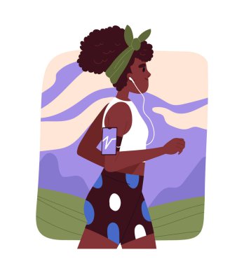 Kadınlar stresle başa çıkar. Kız kulaklıkla koşuyor. Açık havada kardiyo eğitimi. Farkındalık ve farkındalık, akıl sağlığı. Çizgi film düz vektör çizimi beyaz arkaplanda izole edildi