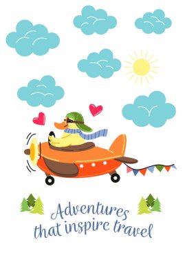 Hayvanlar pilotlar kartpostal atar. Uçakta ördek var. Hayal gücü ve hayal gücü. Çocuklar için peri masalı. Tebrik kartı şablonu. Maceralar seyahat yazıtlarına ilham verir. Uçuş ve gezi. Çizgi film düz vektör çizimi