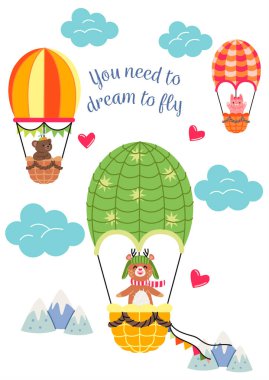 Hayvanlar pilotlar kartpostal atar. Hava balonlarında kedi, ayı ve geyik. Hayal gücü ve hayal gücü. Çocuklar için peri masalı. Tebrik kartı şablonu. Uçmayı hayal et. Uçuş ve gezi. Çizgi film düz vektör çizimi