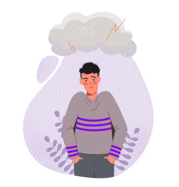Endişeli bir adam. Genç adam yağmur bulutu altında duruyor. Negatif duygular ve duygular. Hayal kırıklığı ve depresyon. Zihinsel sorunlar. Çizgi film düz vektör çizimi beyaz arkaplanda izole edildi