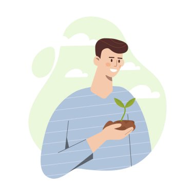 Doğayla ilgilenen adam. Genç adam bitkinin sapıyla ayakta duruyor. Çevre dostu eylemci ve gönüllü ağaç dikme. Çevreye önem ver. Çizgi film düz vektör çizimi beyaz arkaplanda izole edildi