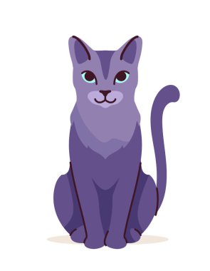 Şirin kedi konsepti. Tapılası evcil hayvan oturuyor. Mavi alışılmadık renkli evcil hayvan. Sevimli, neşeli kedi yavrusu. Sosyal medya etiketi. Çizgi film düz vektör çizimi beyaz arkaplanda izole edildi