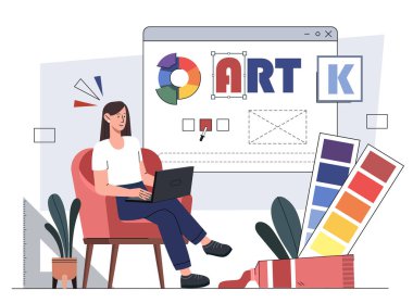 Kadın web tasarımcısı. Grafik tasarımcısı ve işyerindeki serbest çalışan web sayfası geliştirir. Mobil uygulama ve programlar için UI ve UX tasarım elementlerinin geliştirilmesi. Çizgi film düz vektör çizimi