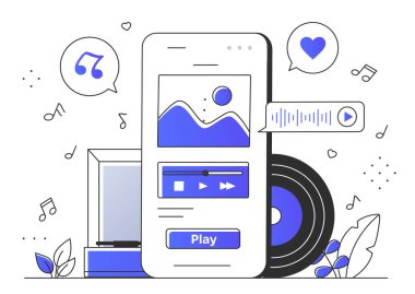 Müzikal uygulama konsepti. İçinde resimler ve ses dosyaları olan akıllı bir telefon. Müzik severler için çalan. Favori şarkılar, müzik listeleri, melodiler. Beyaz arkaplanda izole edilmiş doğrusal düz vektör çizimi