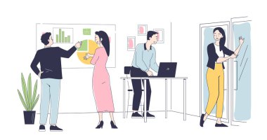 İnsanlar ofis konseptinde çalışır. Meslektaşlar ve işçiler işyerinde ortak bir projede çalışıyorlar. Analistlerden oluşan bir ekip, grafikler ve diyagramlarla pazarlama deposu işletiyor. Doğrusal düz vektör çizimi