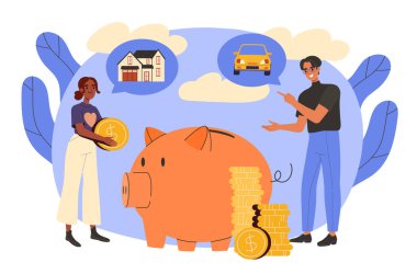 İnsanlar geleceğe yatırım yapar. Domuz kumbarasının yanındaki altın paralı adam ve kadın. Finansal bilgisi olan yatırımcılar ve tüccarlar. Pasif geliri olan iş adamları. Çizgi film düz vektör çizimi
