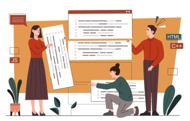 Kaynak kod kavramı. Programcılar ve bilişim uzmanları mobil uygulama veya program geliştirirler. Yazılım mühendisliği. Ön ve arka taraf gelişimi. Çizgi film düz vektör çizimi beyaz arkaplanda izole edildi