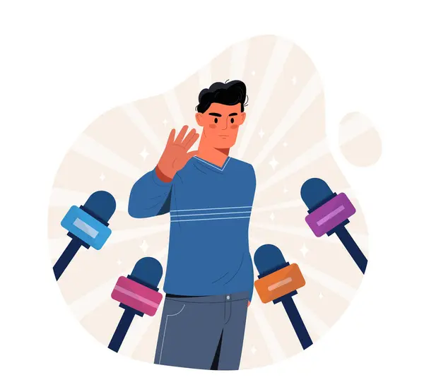 stock vector No comments to mass media. Man refuse to answer to questions from journalist. Famous person and celebrity near microphones. Silent young guy with reporters. Cartoon flat vector illustration