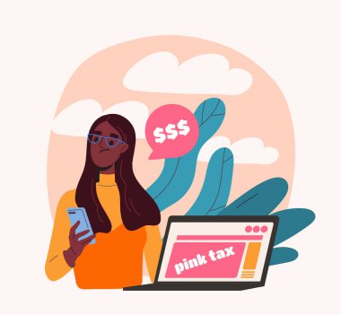 Pembe kavram vergisi. Laptopun yanında pahalı eşyaları ve kıyafetleri olan bir kadın. Ekonomik cinsiyet ayrımcılığını durdurun. Mallar için yüksek fiyat. Çizgi film düz vektör çizimi beyaz arkaplanda izole edildi