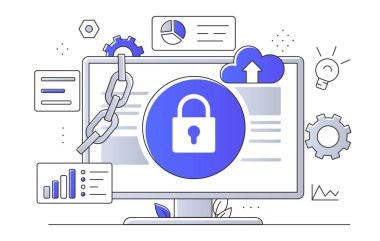 Web güvenliği kavramı. Bilgisayar monitörü, kalkan ve asma kilit. Kişisel verilerin ve bilgilerin korunması. Korsanlar için antivirüs saldırıları önleme. Doğrusal düz vektör çizimi