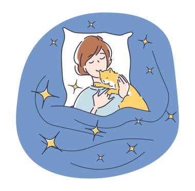 Kadın kedi konseptiyle uyur. Evcil hayvanlarla yatan bir kız. İçeride rahatlık ve konfor. Sağlıklı bir yaşam tarzı ve günlük rutin işler. Beyaz arkaplanda izole edilmiş doğrusal düz vektör çizimi
