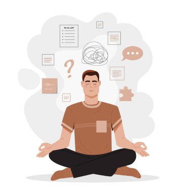 Meditasyon yapan adam. Genç bir adam nilüfer çiçeğiyle meditasyon yapıyor. Konsantrasyon, farkındalık, farkındalık. Girişimci ya da maaşlı çalışan, stres yönetimi yapar. Düz vektör illüstrasyonu