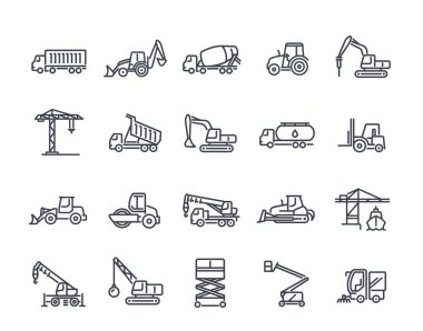 İnşaat makineleri doğrusal simgeleri seti. İnşaat alanı için kamyon, beton karıştırıcı, traktör, kazıcı ve vinç. Düzenlenebilir felç. Taslak vektör koleksiyonu beyaz arkaplanda izole edildi