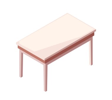 Ev mobilyalarının izometrik simgesi. Mutfak içi için büyük ahşap yemek masası. Daire ya da ev tasarımı için şık mobilyalar. Çizgi film 3 boyutlu vektör çizimi beyaz arkaplanda izole edildi