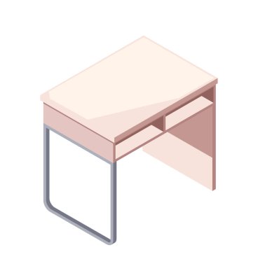 Ev mobilyalarının izometrik simgesi. Ofis malzemeleri için rafları olan ahşap masa. Ofis içi ya da dairedeki çalışma alanı için masa. Çizgi film 3 boyutlu vektör çizimi beyaz arkaplanda izole edildi