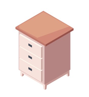 Ev mobilyalarının izometrik simgesi. Çekmeceleri ve rafları olan ahşap komodinli bir masa. Yatak odasının iç tasarımı için komodin. Çizgi film 3 boyutlu vektör çizimi beyaz arkaplanda izole edildi