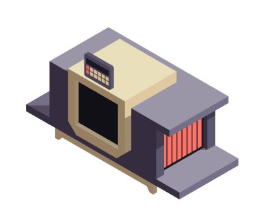 Isometric endüstriyel makineler. Otomatik taşıma bandı olan simge ve üretim kalite kontrolü için tarayıcı. Fabrika için modern teknoloji. Beyaz arkaplanda izole edilmiş 3B vektör illüstrasyonu