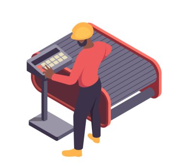 Isometric endüstriyel makineler. Kontrol panelinin yanındaki mühendis otomatik taşıma bandını açıyor. Üretim için modern donanımlı ikon. Beyaz arkaplanda izole edilmiş 3B vektör illüstrasyonu