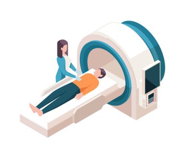 Isometric sağlık çalışanı. Doktor MRI veya CT tarayıcısı kullanarak hastayı muayene ediyor. Hastalıkların tedavisi ve sağlık hizmetleri. Klinikte ya da hastanede terapist. Beyaz arkaplanda izole edilmiş 3B vektör illüstrasyonu