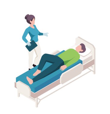 Isometric sağlık çalışanı. Hastanedeki ya da klinikteki hastayı muayene eden kadın doktor ya da hemşire. Teşhis ve tedavi. Terapist test öneriyor. Beyaz arkaplanda izole edilmiş 3B vektör illüstrasyonu
