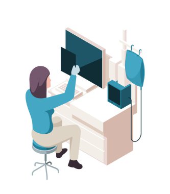 Isometric sağlık çalışanı. Kadın doktor hastayı muayene eder ve röntgen sonuçlarına bakar. Hastanede ya da klinikte çalışan bir terapist ya da hemşire. Beyaz arkaplanda izole edilmiş 3B vektör illüstrasyonu