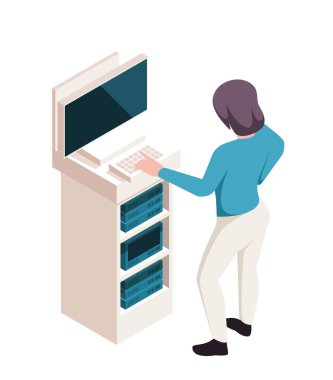 Isometric sağlık çalışanı. Kadın doktor tıbbi ekipmanların yanında duruyor ve hasta veri tabanında dokümanları dolduruyor. Sağlık ve hastalık tedavisi için. Arka planda 3 boyutlu vektör illüstrasyonu izole edildi