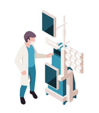 Isometric sağlık çalışanı. Erkek doktor ya da terapist hastalıkları teşhis etmek için tıbbi ekipman ya da ultrason tarayıcısı kullanır. Sağlık hizmetleri için modern cihazlar. Beyaz arkaplanda izole edilmiş 3B vektör illüstrasyonu