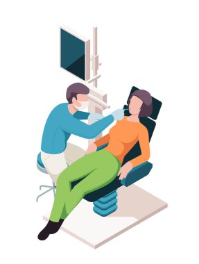 Isometric sağlık çalışanı. Dişçi koltuğunda oturan ve muayene olan bir kadın. Doktor stomatolog hasta dişlerini tedavi ediyor. Sağlık ve ilaç servisi. Arka planda 3 boyutlu vektör illüstrasyonu izole edildi