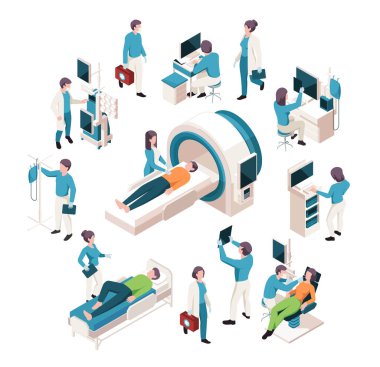 Isome Tıbbi İşçiler Seti. Klinikteki hastaları tıbbi ekipmanla tedavi eden doktorlar. MRI, röntgen ve ultrason tarayıcısı olan terapistler. Beyaz arkaplanda izole edilmiş 3B vektör çizimleri