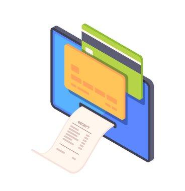 İnternetten alışveriş. Cihaz ekranında satın alımlar için faturalı ya da mali makbuzlu Isometric simgesi. Bankacılık ve online para transferi. Beyaz arkaplanda izole edilmiş 3B vektör illüstrasyonu