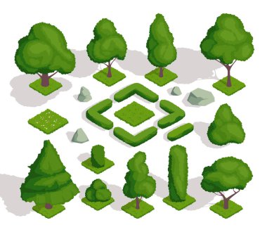 İzometrik ağaçlar ve çalılar. Ormanlı ikon koleksiyonu ve çeşitli şekillerde yeşil bitkiler. Bahçe manzarasının doğal elementleri. Beyaz arkaplanda izole edilmiş 3B vektör çizimleri