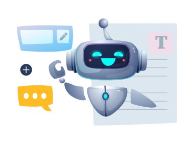 Sanal asistanım. Yaratıcı sinirsel ağ ya da yapay zeka, çevrimiçi sohbetteki kullanıcı isteklerine dayanan içerik üretir. Modern internet robotu. Çizgi film vektör çizimi arkaplanda izole edildi