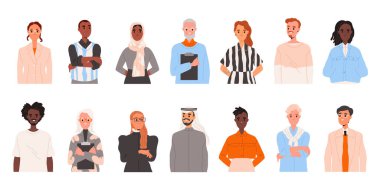 Bir grup farklı iş adamı. Çeşitli cinsiyetlerin ve nesillerin çok ırklı karakterlerinin portreleri. Genç ve yetişkin erkek ve kadınların görüldüğü yerler. Düz vektör çizimi arkaplanda izole edildi